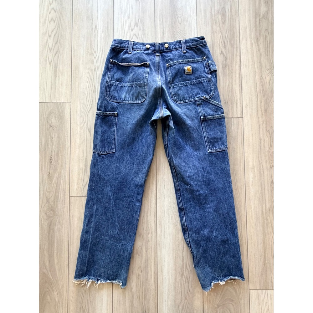 Carhartt Double Knee Logger Jeans Mens 31x28 Blue Distressed Raw Hem B07 STW - Picture 8 of 9
